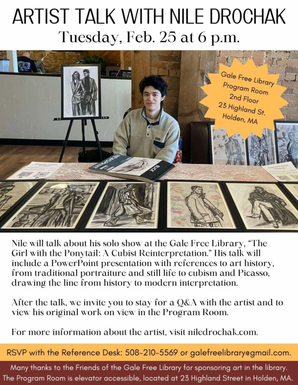 A man sits at a table displaying black-and-white art, with more artwork behind him. Event details for an artist talk at Gale Free Library, Feb. 25, are included on the poster.