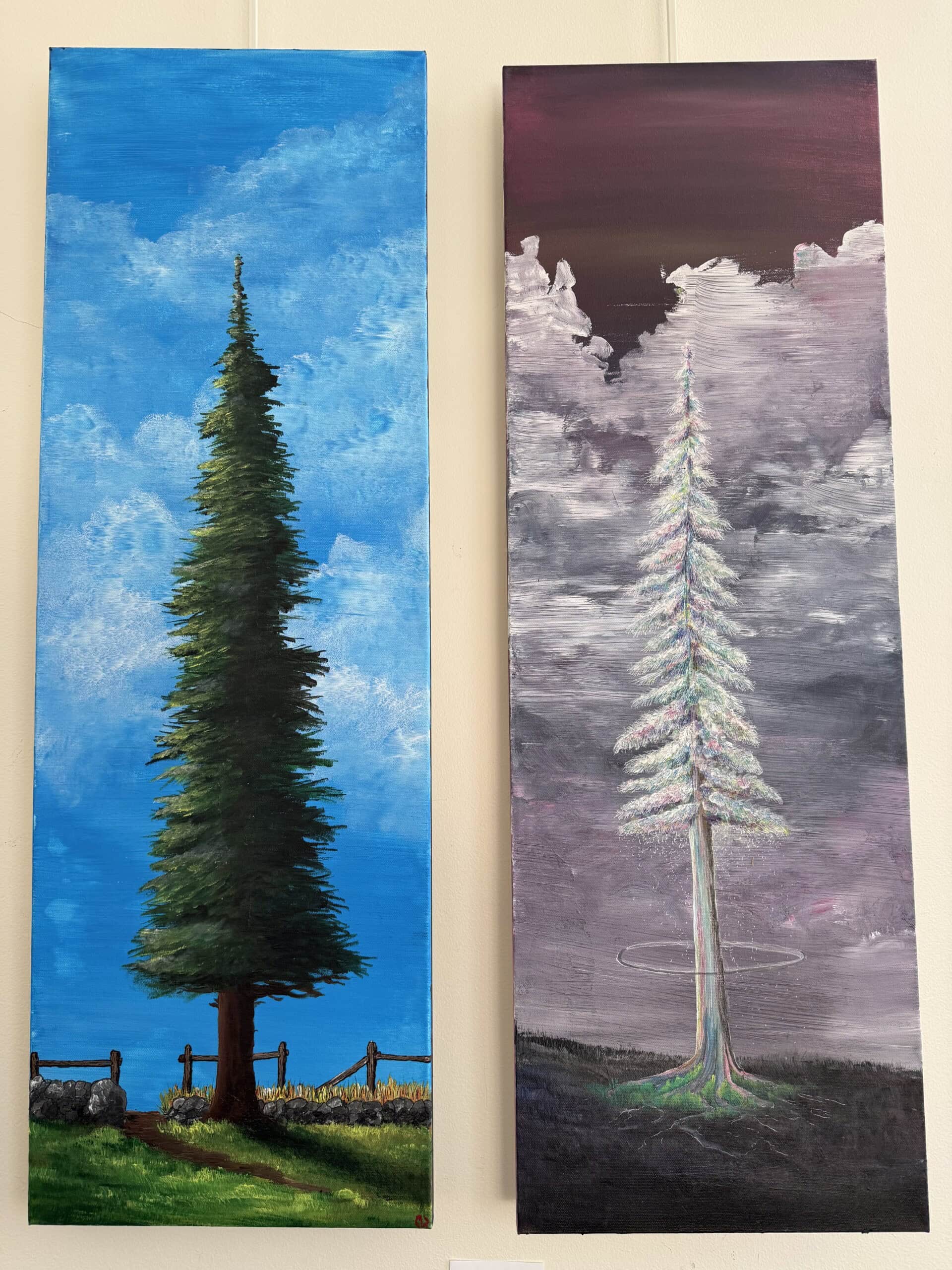 Matthew C. Waite's diptych of a tree in two forms - one traditional of a tall evergreen set against blue skies, the other white against purple cloudy skies, titled "The Tree and its Spirit"