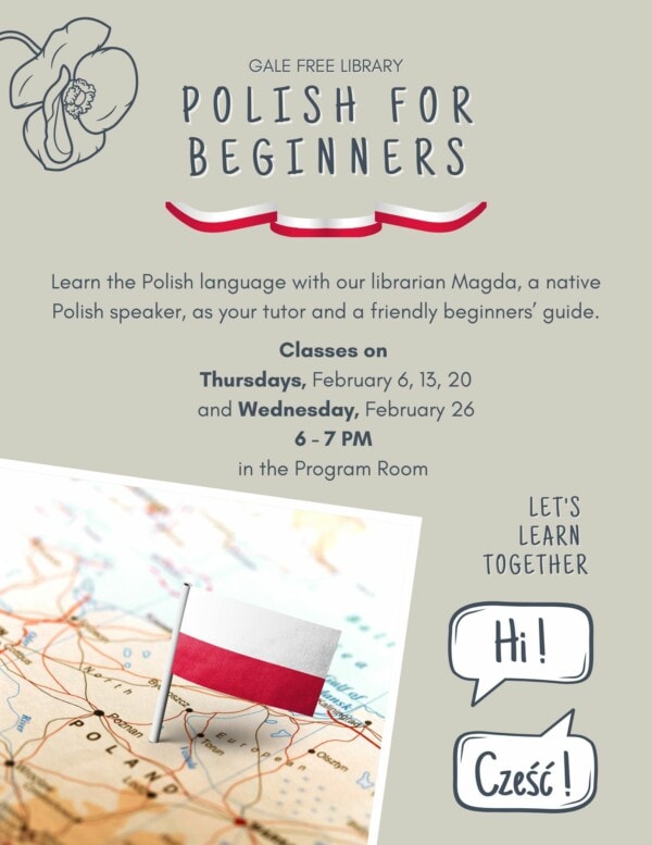 Flyer for a Polish language beginners’ class featuring class dates, times, a Polish flag on a map, and cartoon speech bubbles saying 